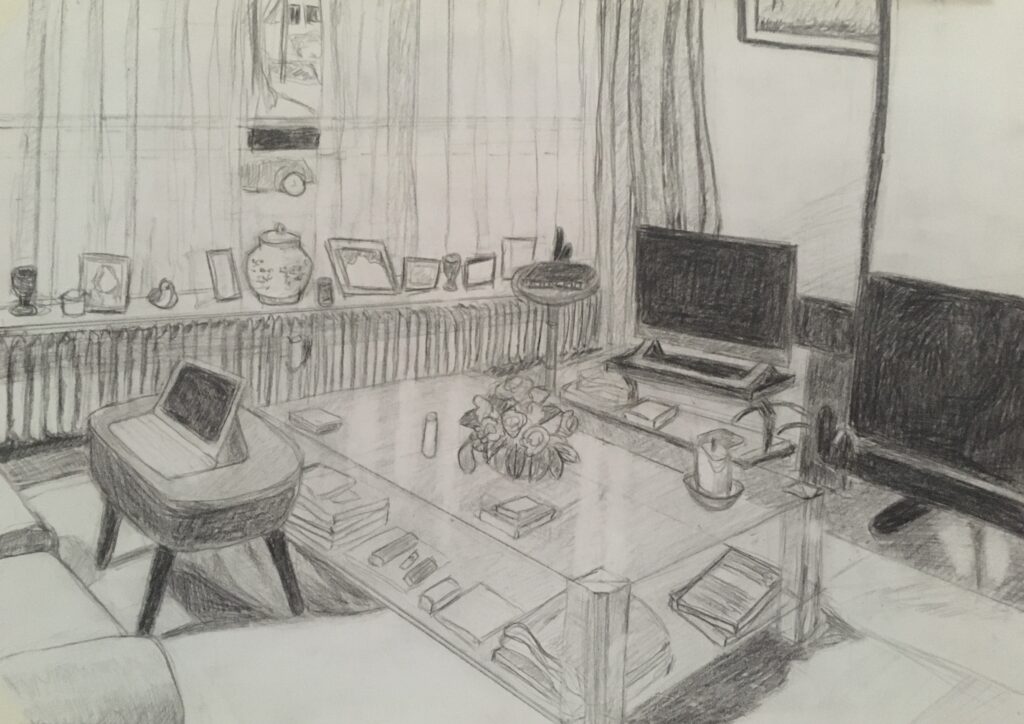 potloodtekening van mijn woonkamerhoek