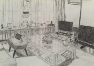 potloodtekening van mijn woonkamerhoek